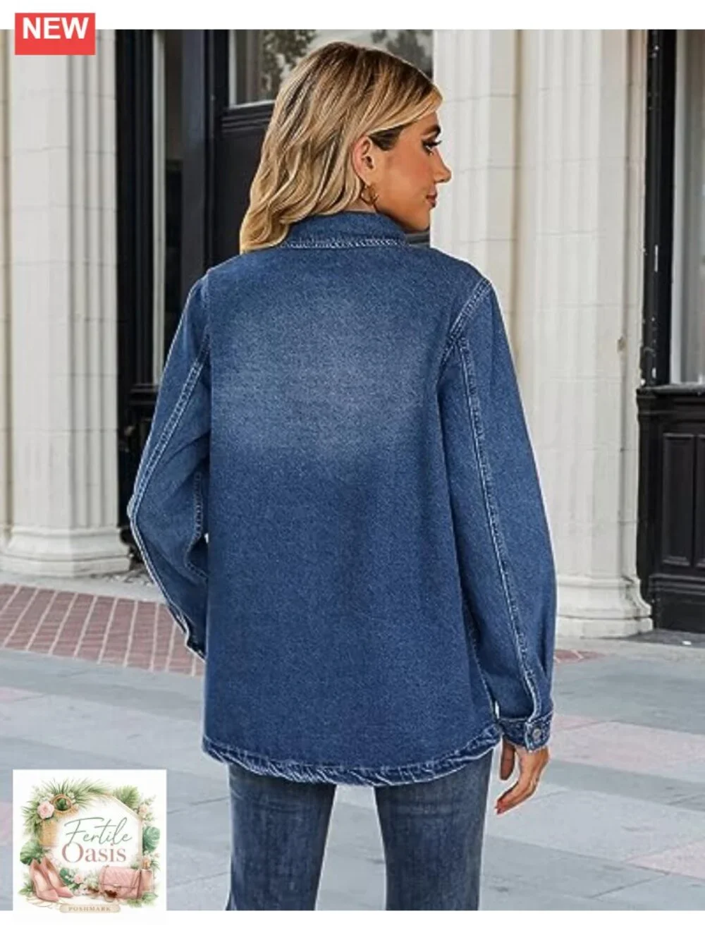 Oversized Cotton Denim Jacket Women Button Down Shacket with Pockets